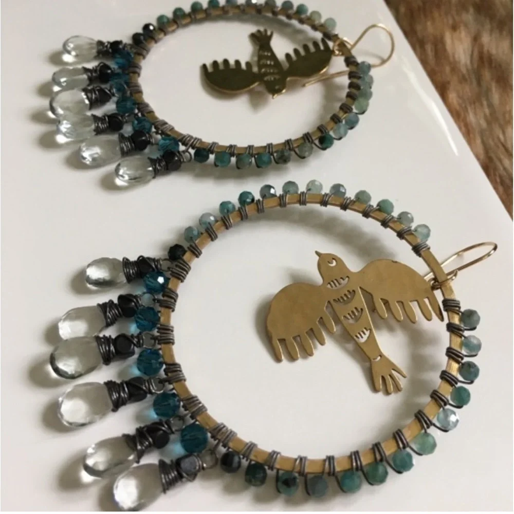 Hoop Earrings Aquamarine & Chrysocolla Brass Bird 🧿 🕊️ - Picture 7 of 8